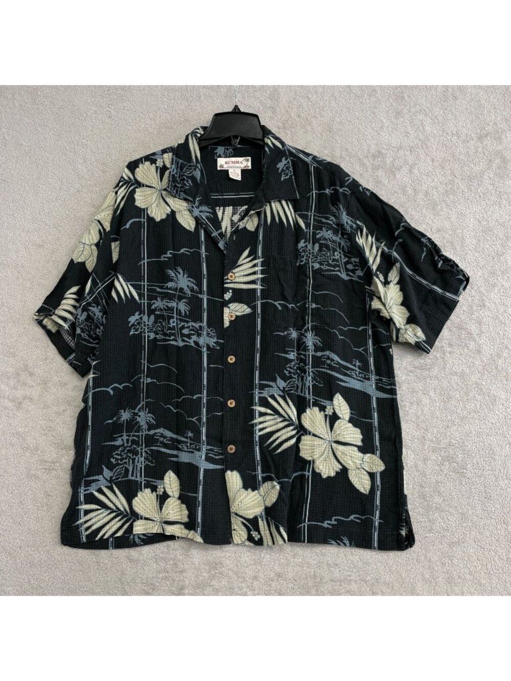 Summa Men's XL Hawaiian Shirt Black Floral 70% Silk Short Sleeve Button P0037